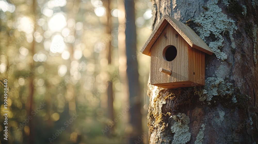 Wooden birdhouse mounted on a tree trunk in a forest. Wooden birdhouse mounted on a tree trunk in a forest.