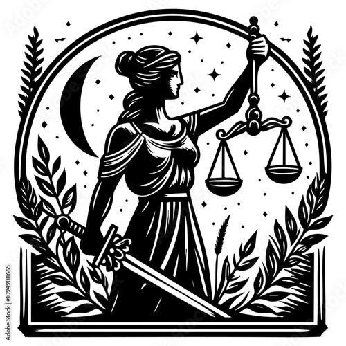 It depicts Lady Justice holding sword scales representing justice Depiction of Lady Justice holding sword scales portraying justice; suitable for legal, judicial, equality, and fairnessthemed designs 