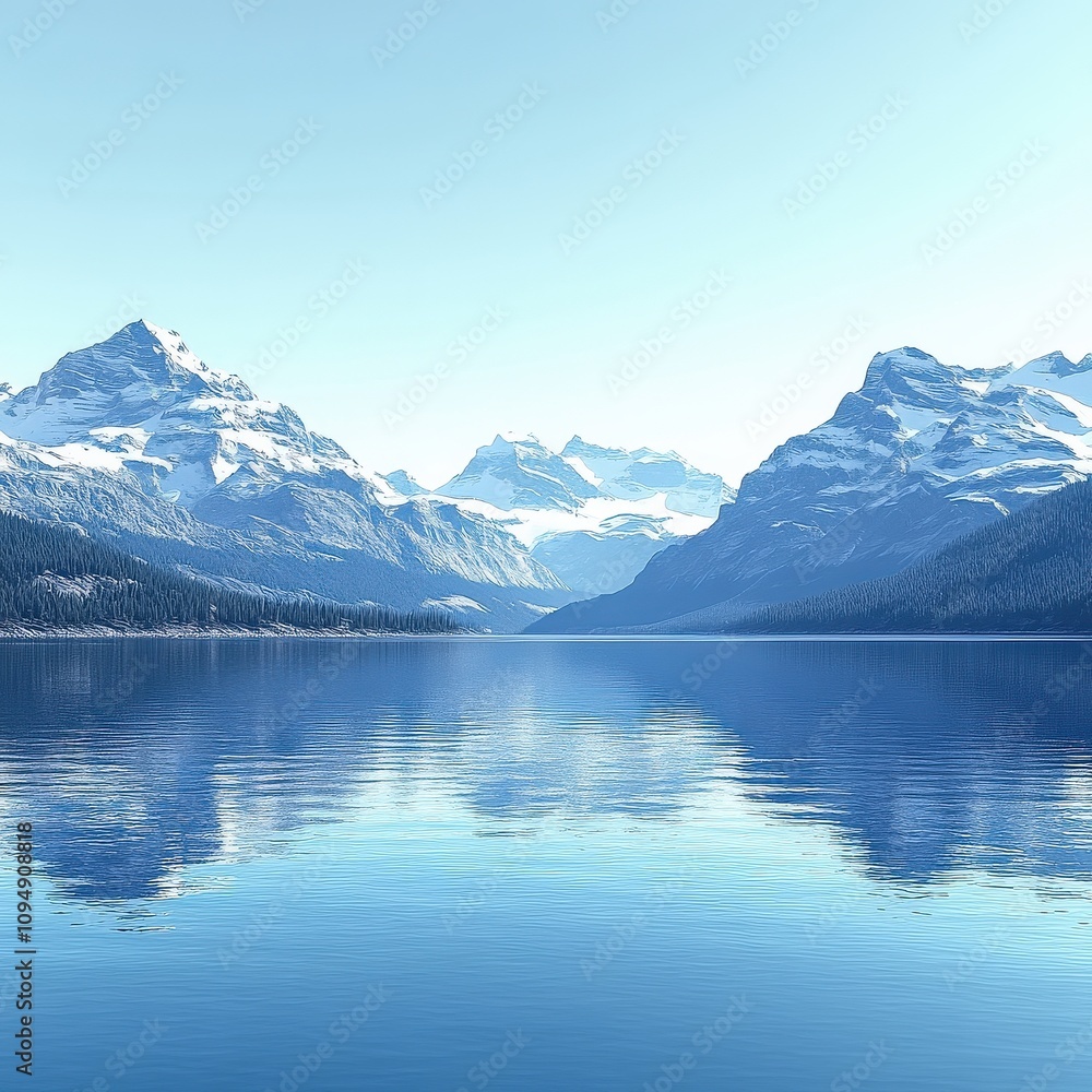 Stunning Mountain Lake Reflection in Crystal Clear Blue Water Underneath a Clear Sky Surrounded by Majestic Snow-Capped Peaks and Lush Forested Hillsides Stunning Mountain Lake Reflection in Crystal Clear Blue Water Underneath a Clear Sky Surrounded by Majestic Snow-Capped Peaks and Lush Forested Hillsides