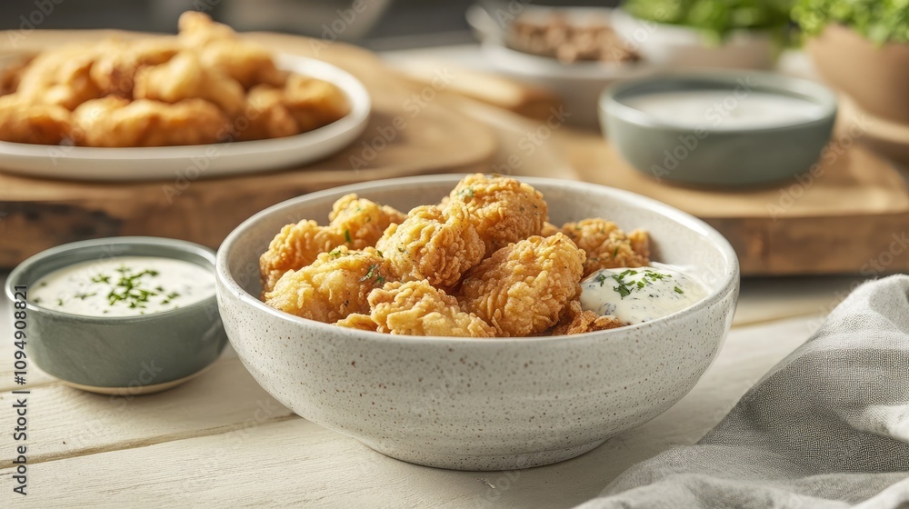 Crispy Fried Chicken Bites Served with Creamy Dipping Sauce on a Rustic Wooden Table Surrounded by Fresh Ingredients and Appetizing Platters Crispy Fried Chicken Bites Served with Creamy Dipping Sauce on a Rustic Wooden Table Surrounded by Fresh Ingredients and Appetizing Platters