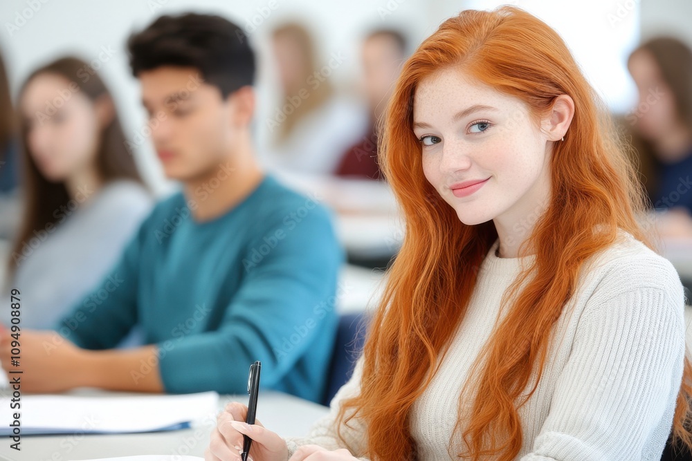 Young Woman Focused on Learning Scene with Red Hair Teacher Background Classroom Educational Setting Study Hall Young Woman Focused on Learning Scene with Red Hair Teacher Background Classroom Educational Setting Study Hall
