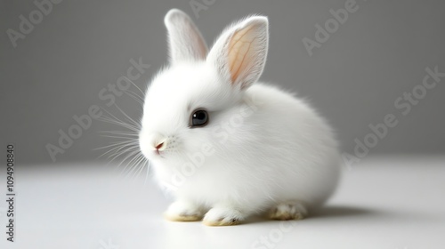 A cute white rabbit sitting on a smooth white surface, with its ears perked up and eyes wide open