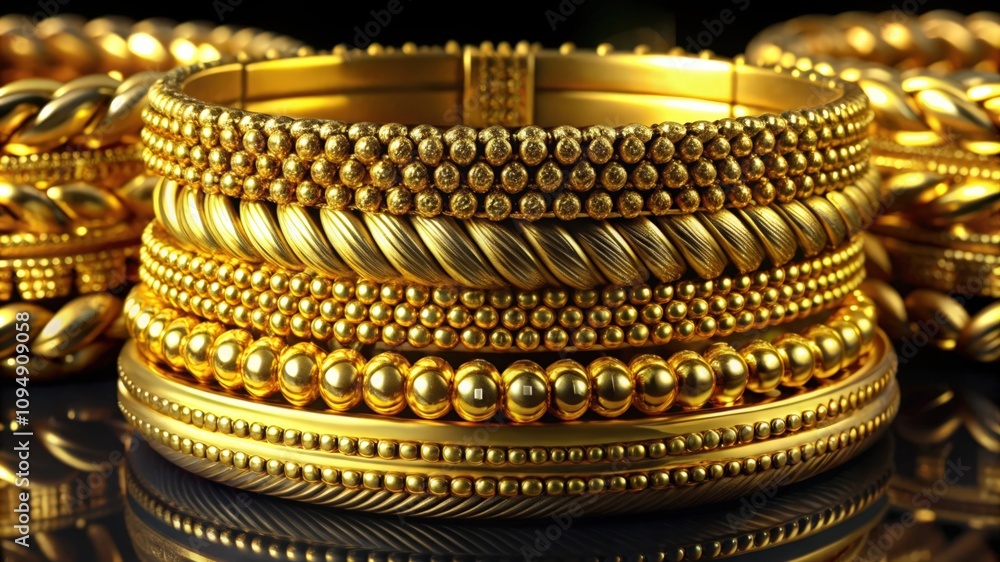 Stack of Gold Bracelets with Beaded and Twisted Designs Stack of Gold Bracelets with Beaded and Twisted Designs