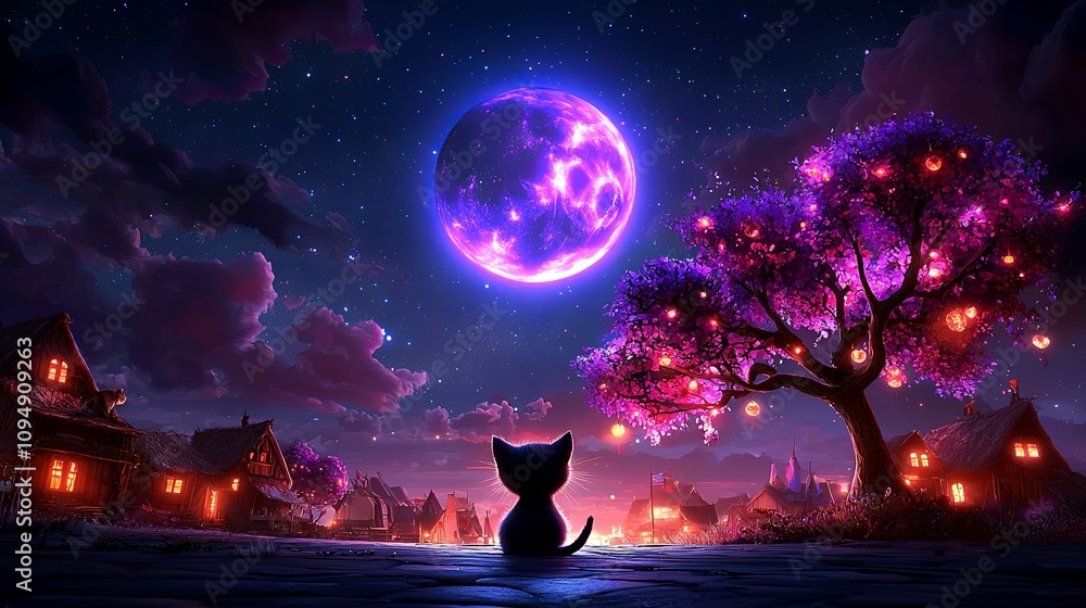 Tranquil Night Scene with Cat and Moon Tranquil Night Scene with Cat and Moon