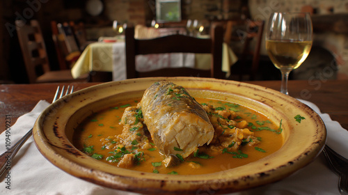 Stuffed fish roll dish served in a cozy cafe with a glass of wine