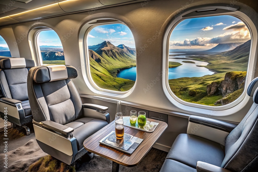 Captivating Product Photography of Icelandic Flight Experience with Scenic Views, In-flight Amenities, and Icelandic Landscapes for Marketing and Promotional Use Captivating Product Photography of Icelandic Flight Experience with Scenic Views, In-flight Amenities, and Icelandic Landscapes for Marketing and Promotional Use