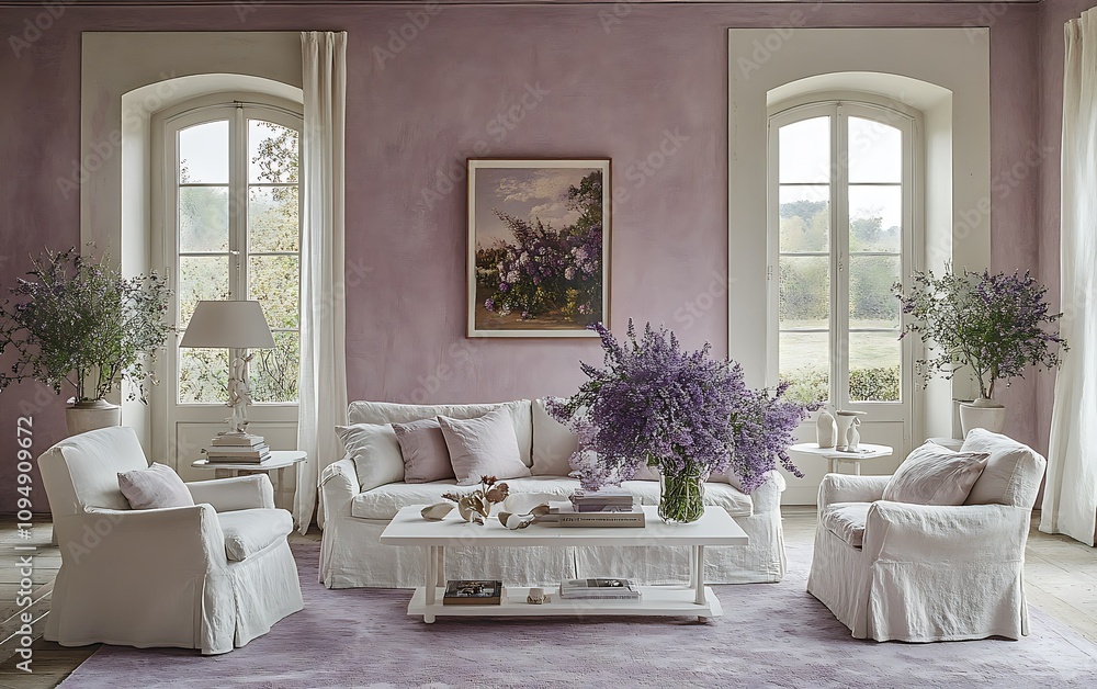 Elegant purple living room with white furniture, lavender, and arched windows. Elegant purple living room with white furniture, lavender, and arched windows.