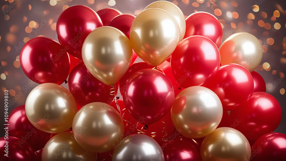 Vibrant Cluster of Red and Shimmering Gold Balloons with Dreamy Bokeh Lights on Background, Festive Celebratory Atmosphere of Celebration Party Vibrant Cluster of Red and Shimmering Gold Balloons with Dreamy Bokeh Lights on Background, Festive Celebratory Atmosphere of Celebration Party