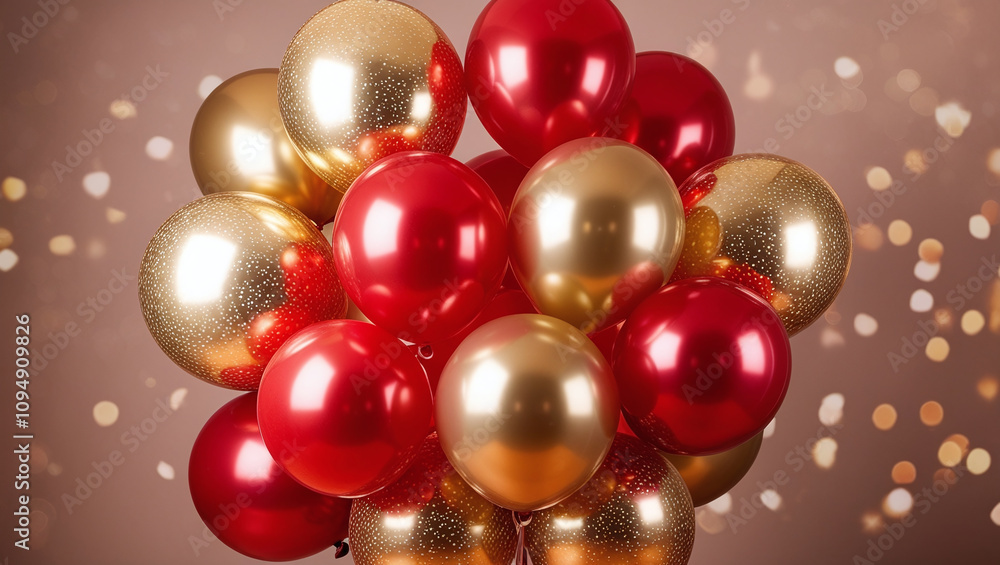 Red and Golden Balloons against Bokeh Lights, Party Celebration Red and Golden Balloons against Bokeh Lights, Party Celebration