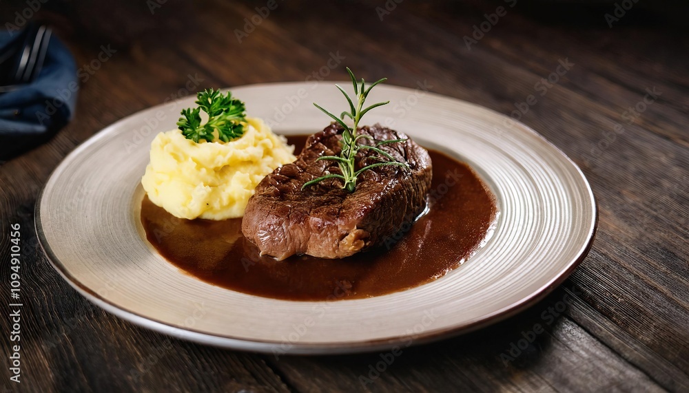 Seared steak with rich brown gravy served alongside creamy mashed potatoes on a rustic wooden table Seared steak with rich brown gravy served alongside creamy mashed potatoes on a rustic wooden table