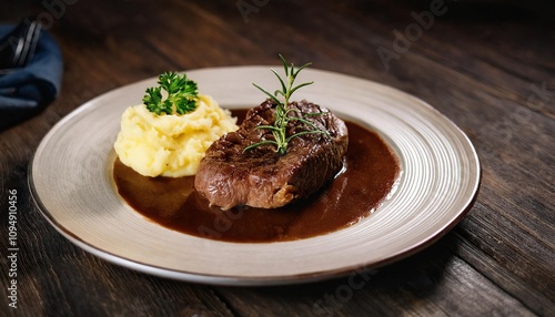 Seared steak with rich brown gravy served alongside creamy mashed potatoes on a rustic wooden table photo