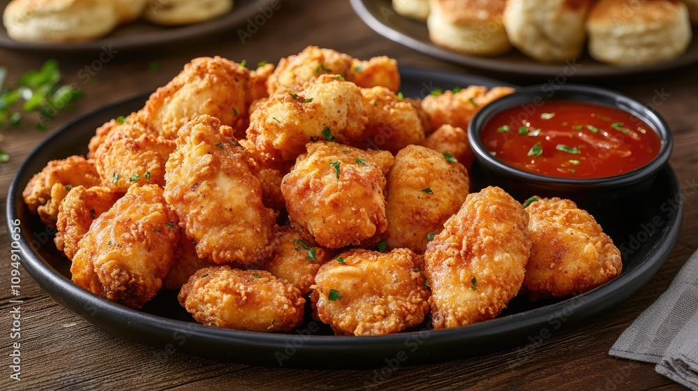 Crispy Fried Chicken Bites with Spicy Dipping Sauce Served on a Wooden Table Surrounded by Fluffy Biscuits in a Rustic Setting Crispy Fried Chicken Bites with Spicy Dipping Sauce Served on a Wooden Table Surrounded by Fluffy Biscuits in a Rustic Setting