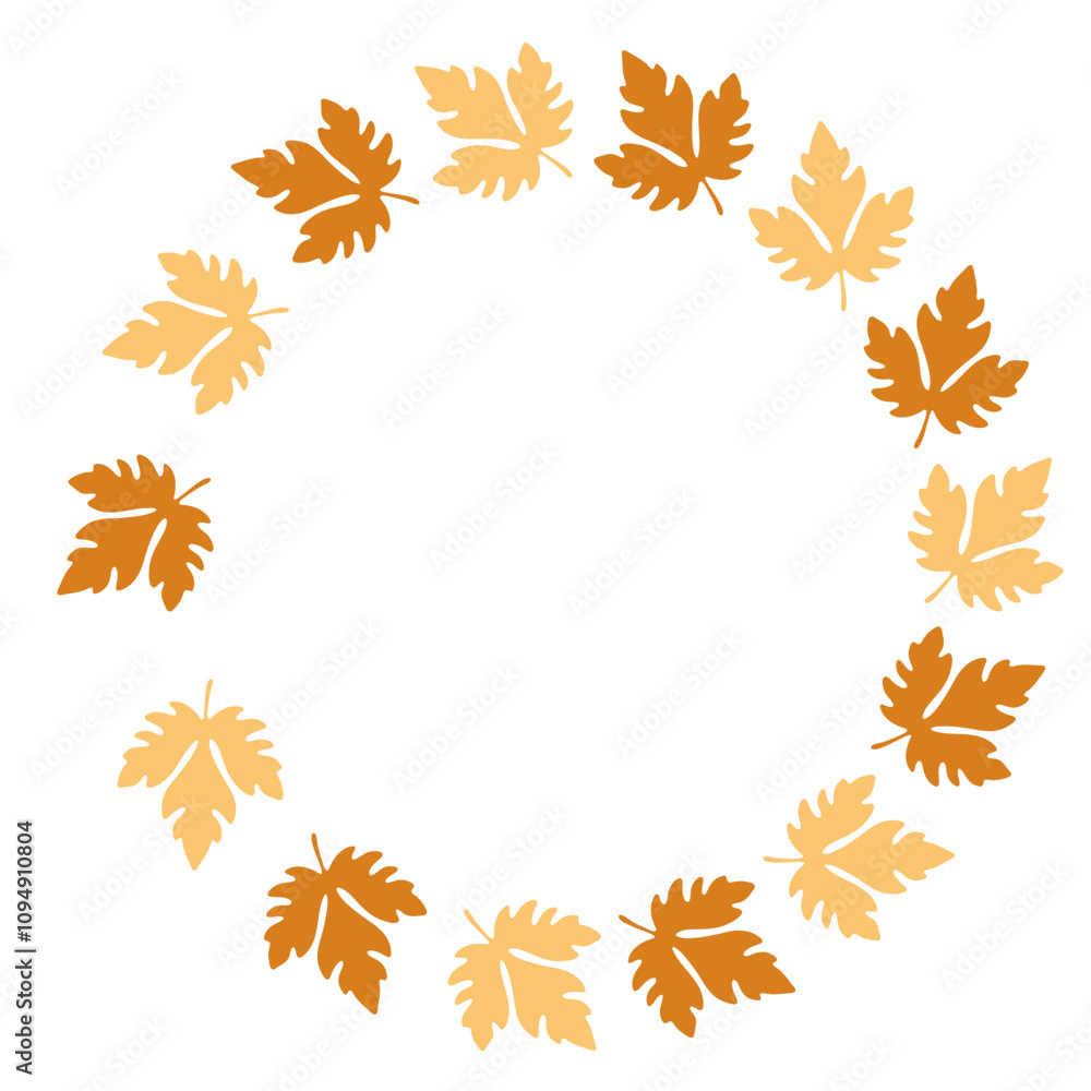 Autumn leaves arranged in a circular wreath , including orange maple leaves and yellow accents Autumn leaves arranged in a circular wreath , including orange maple leaves and yellow accents