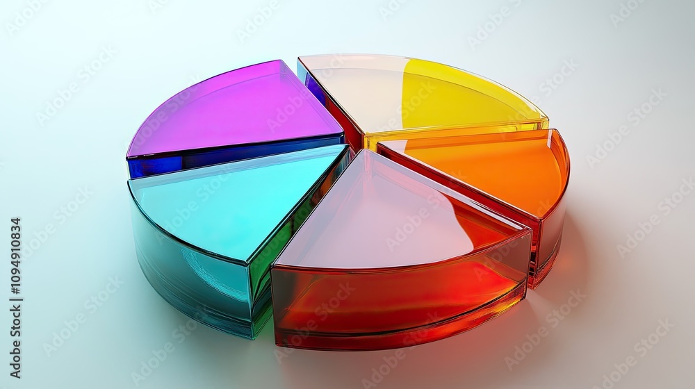 Obraz premium Exploded pie chart with reflective surfaces, [business color chart], [depicting transparency and diversification] 