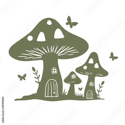 Whimsical mushroom houses with butterflies in a forest setting