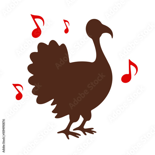 A brown turkey silhouette with red musical notes around it