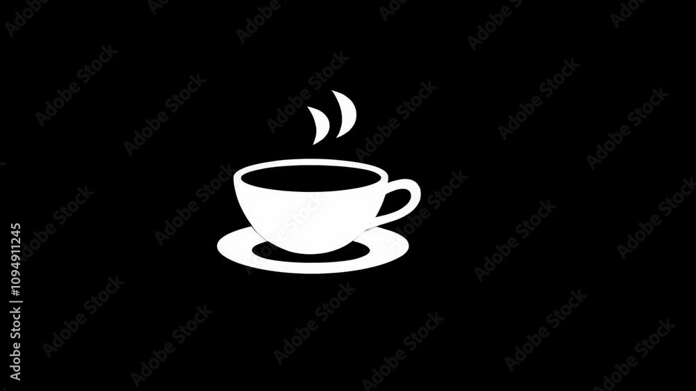 Simple black and white illustration of a steaming coffee cup on a saucer, representing a cozy beverage moment Simple black and white illustration of a steaming coffee cup on a saucer, representing a cozy beverage moment