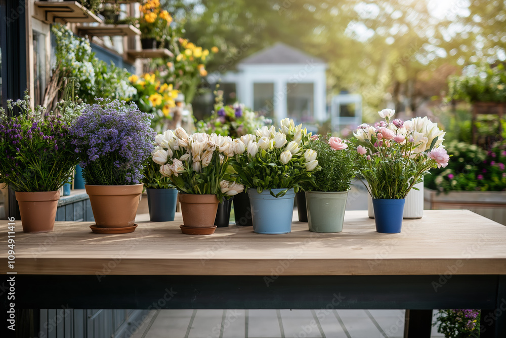 Assorted Potted Flowers on Wooden Table in Outdoor Floral Shop with Springtime Ambiance. Assorted Potted Flowers on Wooden Table in Outdoor Floral Shop with Springtime Ambiance.