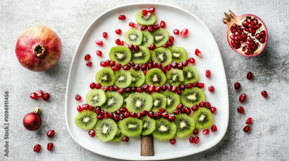 Festive Arrangement of Kiwi Slices and Pomegranate Seeds Shaped Like a Christmas Tree on a Decorative Plate for Celebratory Holiday Treats Festive Arrangement of Kiwi Slices and Pomegranate Seeds Shaped Like a Christmas Tree on a Decorative Plate for Celebratory Holiday Treats