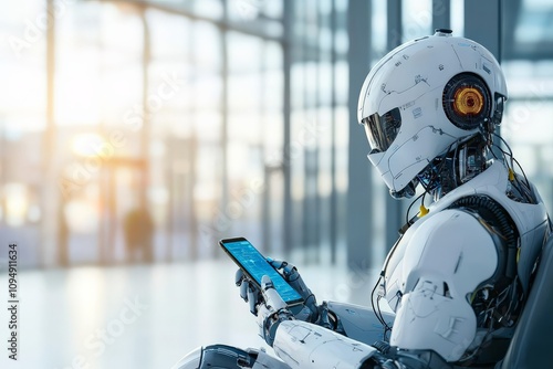 A sleek, futuristic humanoid robot positioned in a modern space, engages with a digital tablet, representing cutting-edge technology and human-equipment synergy.