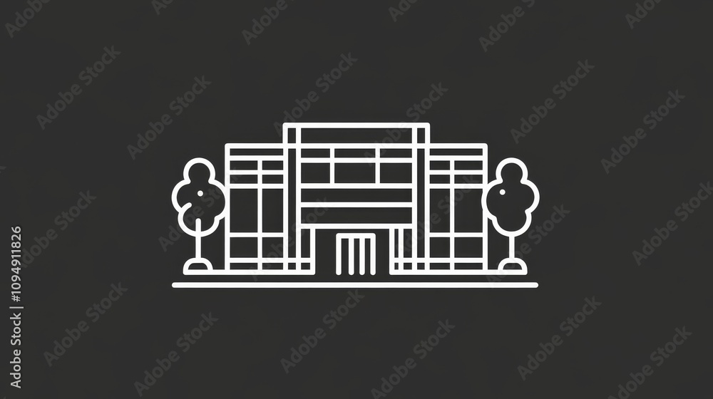 Line icon of a mall building, representing a shopping center. Line icon of a mall building, representing a shopping center.