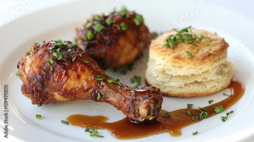 Deliciously Golden Fried Chicken Drumsticks Served with Flaky Biscuit and Drizzled with Savory Sauce and Fresh Chives Garnish for Appealing Presentation