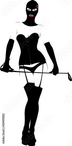 girl role-player in mistress's clothes, stockings, mask and a whip in her hands