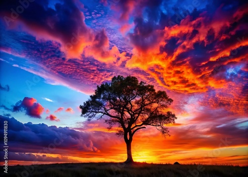 Captivating Silhouette of a Lone Tree Against a Vibrant Sunset Sky with Rich Color Gradients and Dramatic Cloud Patterns