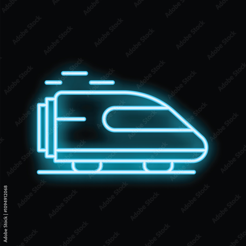 Minimalist neon icon of a modern high speed train speeding across a dark background Minimalist neon icon of a modern high speed train speeding across a dark background