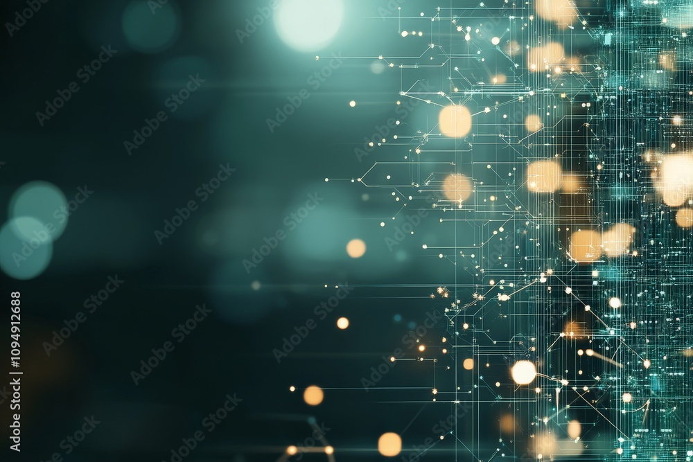 Interconnected dots and lines on a teal background signify digital technology and networking, conveying the essence of connectivity and advanced data systems.