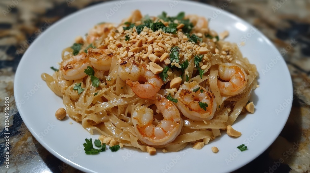 Delicious shrimp pasta is beautifully plated with crushed peanuts and fresh herbs, creating a delightful dish for a cozy mealtime. The rich flavors and textures invite tasty enjoyment. Delicious shrimp pasta is beautifully plated with crushed peanuts and fresh herbs, creating a delightful dish for a cozy mealtime. The rich flavors and textures invite tasty enjoyment.