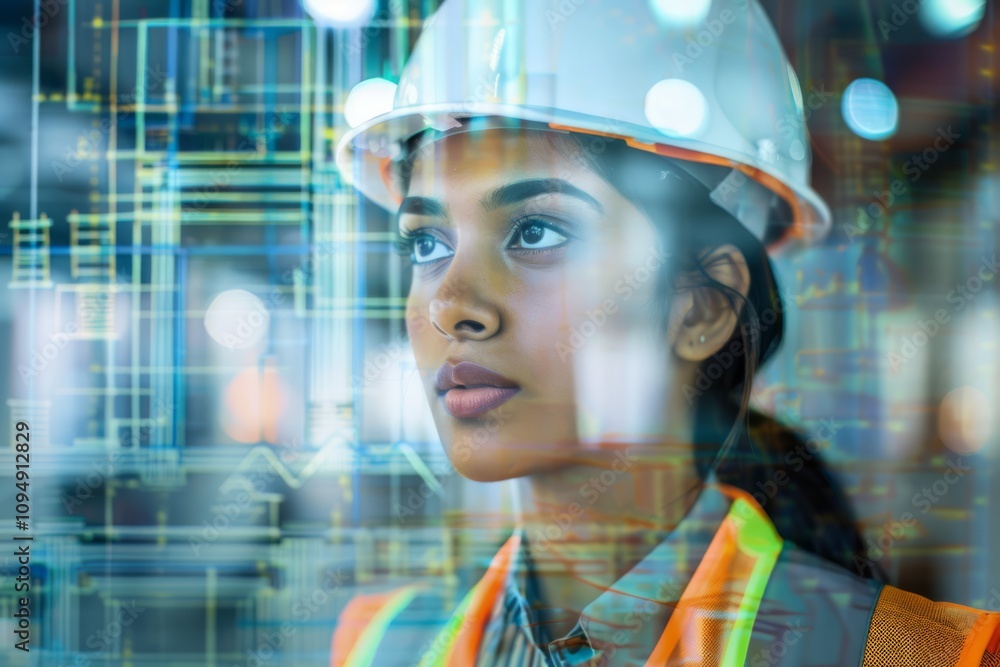 Portrait of a Thoughtful Female Engineer with Safety Helmet Overlaid with Data Charts and Technology Graphics in a Contemporary Construction Environment Portrait of a Thoughtful Female Engineer with Safety Helmet Overlaid with Data Charts and Technology Graphics in a Contemporary Construction Environment