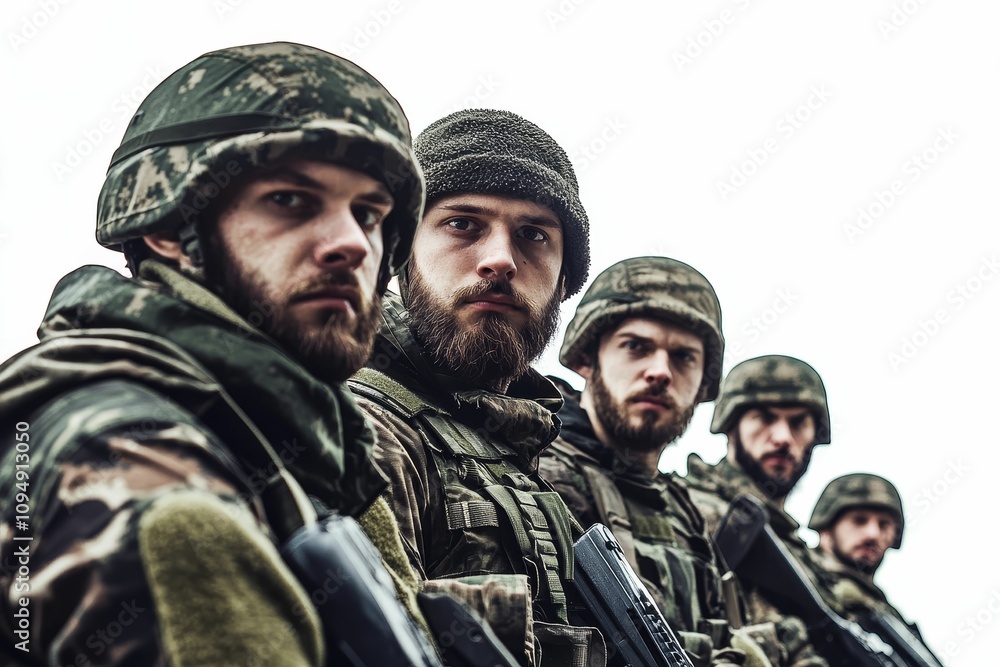 Fototapeta premium Four armed soldiers stand in formation.