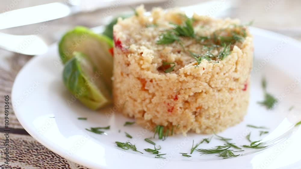 homemade cooked bulgur with Brussel sprouts in a plate, on a wooden table homemade cooked bulgur with Brussel sprouts in a plate, on a wooden table