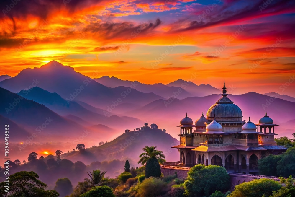 Obraz premium Captivating Silhouettes of Northern Indian Landscapes at Dusk with Majestic Mountains and Traditional Architecture in the Background, Evoking a Sense of Serenity and Culture
