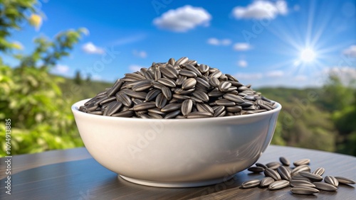 Black sunflower seeds in white bowl isolated on transparent background Generative Ai.

