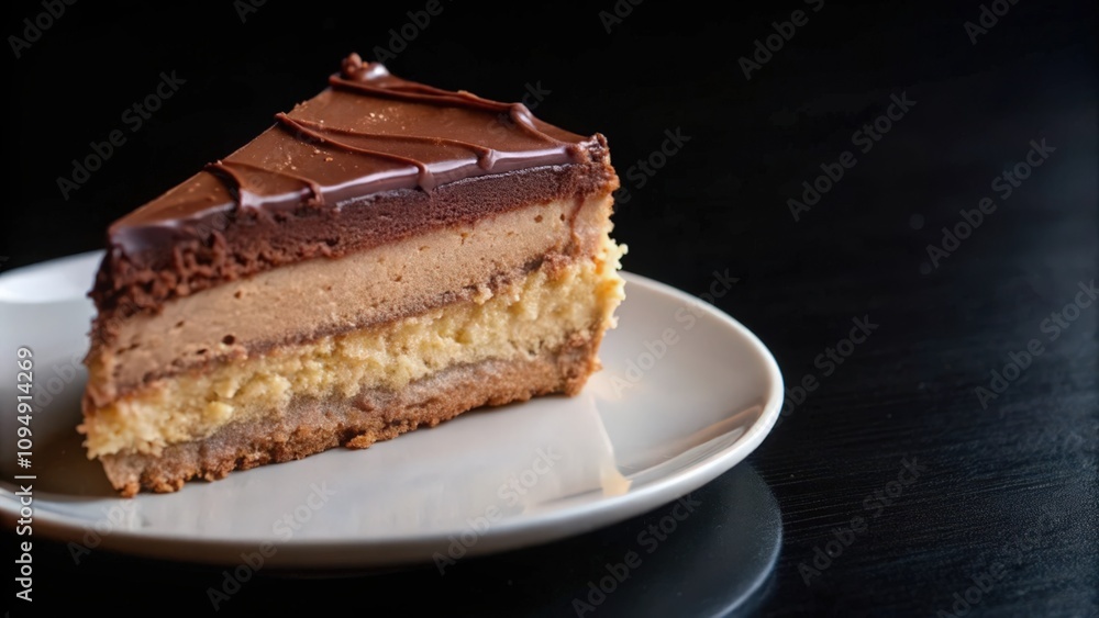 A Slice of Layered Chocolate and Vanilla Cake on a White Plate A Slice of Layered Chocolate and Vanilla Cake on a White Plate