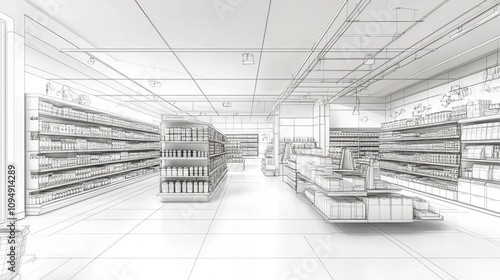 Modern line drawing of a supermarket, 3D rendering style. 