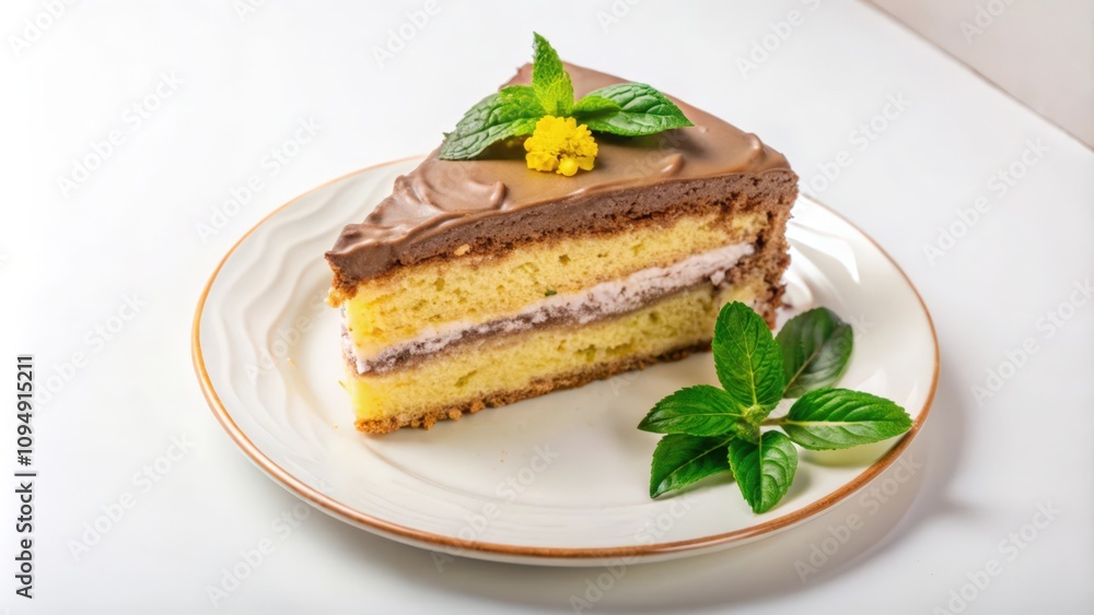 A Slice of Chocolate Cake Decorated with Mint Leaves and a Yellow Flower A Slice of Chocolate Cake Decorated with Mint Leaves and a Yellow Flower