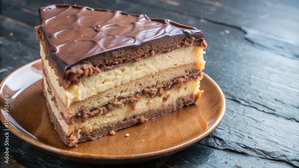 A Slice of Layered Chocolate Cake with a Chocolate Glaze A Slice of Layered Chocolate Cake with a Chocolate Glaze