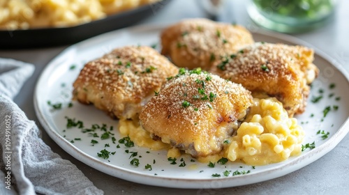 Crispy Chicken Thighs with Creamy Macaroni and Cheese Served on a White Plate, Garnished with Fresh Parsley and Crusty Topping