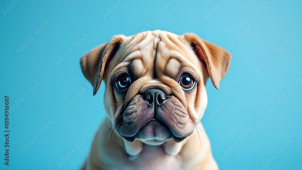 Adorable bulldog, blue studio backdrop. Adorable bulldog, blue studio backdrop.