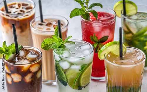 A high-resolution photo of assorted colorful drinks on a white background. There are various cold beverages, iced drinks, and mixed drinks with vibrant colors.