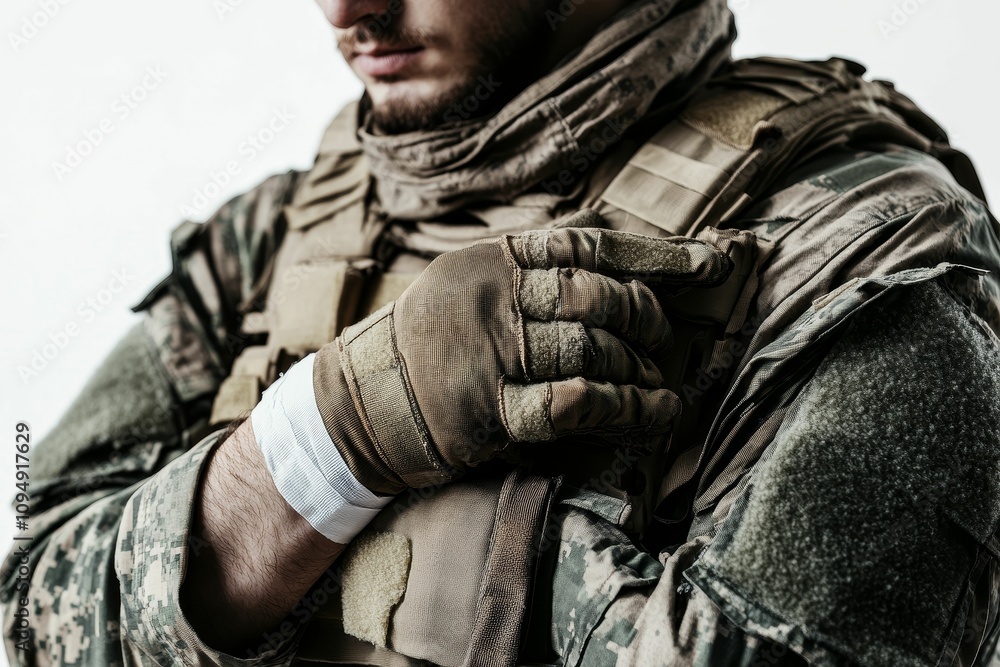Fototapeta premium Soldier's injured arm, tactical gear, camouflage.