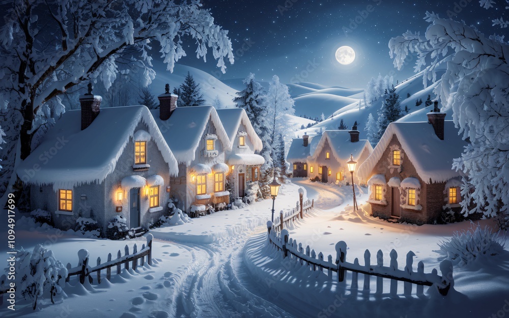 Fototapeta premium a magical winter village at night. The village has snow-covered cottages with warm glowing windows.