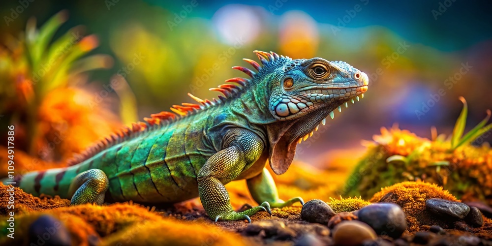 Fototapeta premium Captivating Tilt-Shift Portrait of a Wild Iguana in Its Natural Habitat, Showcasing Vibrant Colors and Intricate Details of Its Scales and Surroundings for Nature Photography Enthusiasts