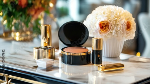Glamorous cosmetics on glossy surface with floral decor