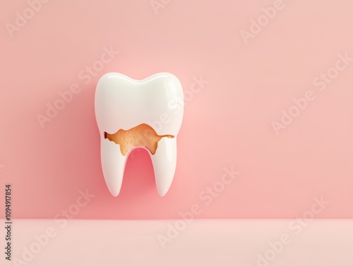 A realistic rendering of a tooth with visible cavities and decay, styled for an imitative dental health presentation