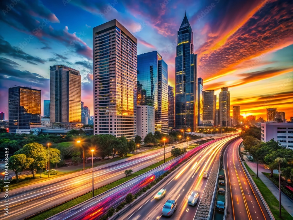 Fototapeta premium Captivating Twilight Driving Scene with Modern Architectural Skylines and Illuminated Urban Landscape