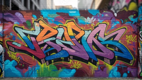 A photo of a colorful graffiti wall in an urban setting. The wall has a brick texture and is covered with vibrant spray paint